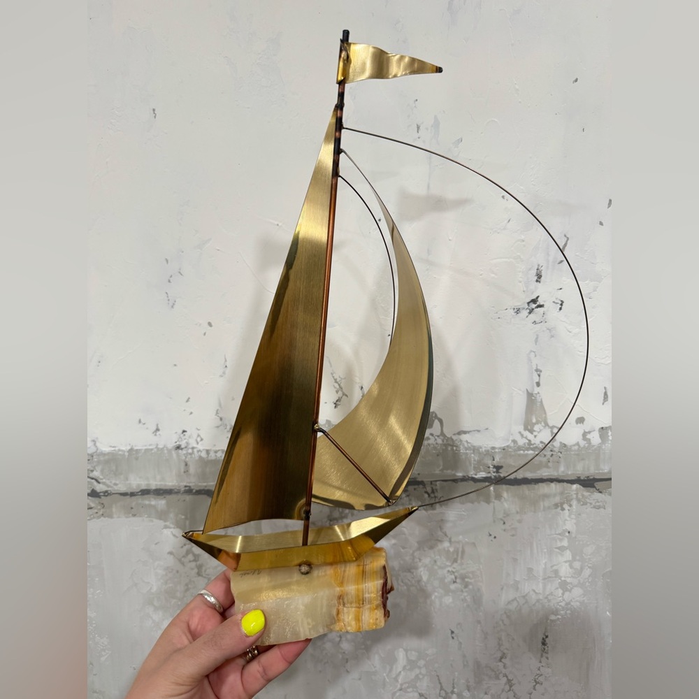 Vintage Brass Sailboat Sculpture on Onyx Base –‎ Signed Yosi, ~12”